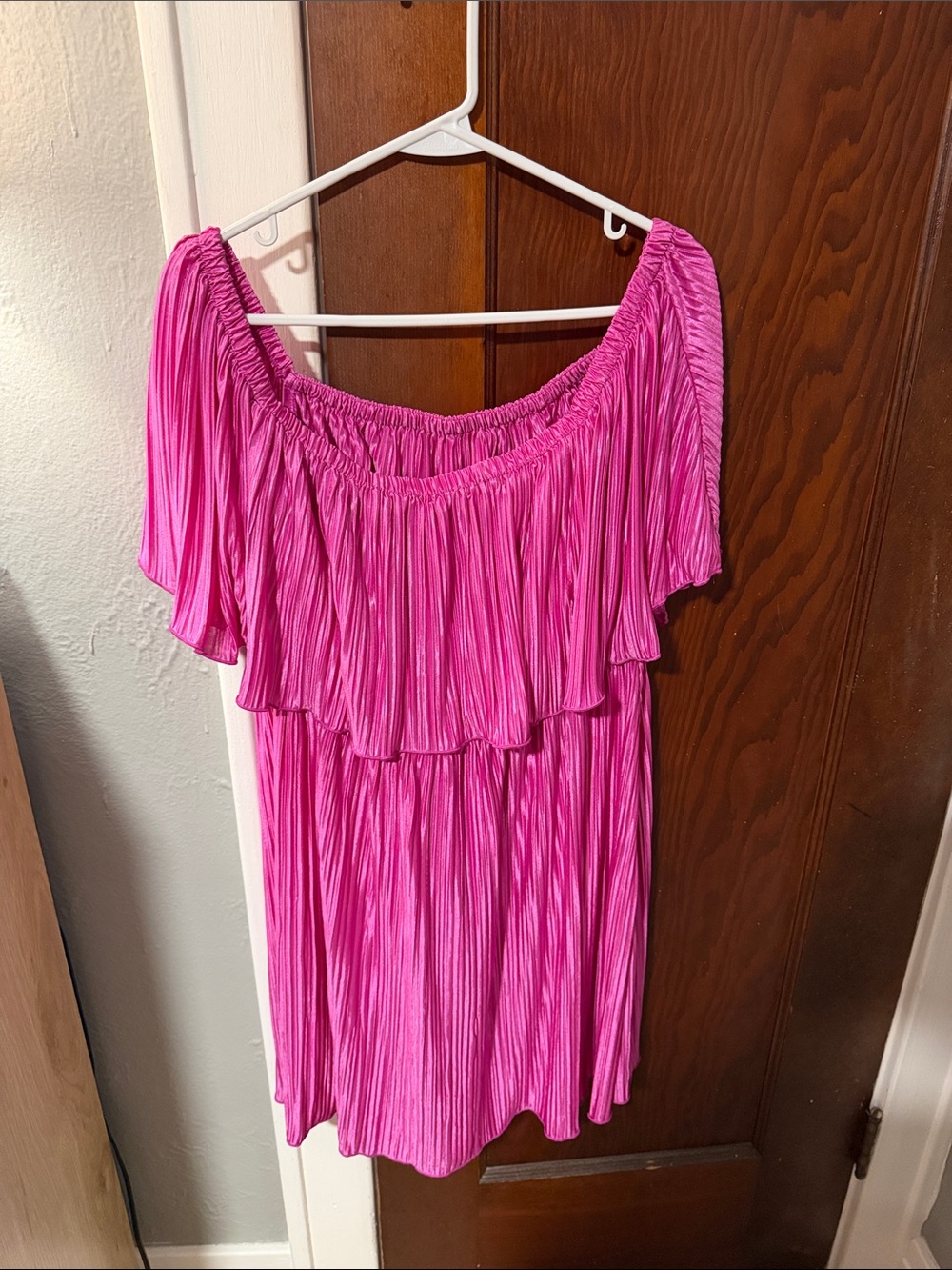 SHEIN Hot Pink Off-Shoulder Pleated Tunic Top